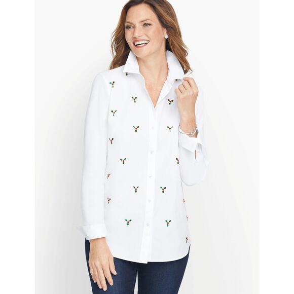 Talbots Embellished Holly Berry Button Front Shirt Womens Large White Beaded Top - Picture 2 of 12